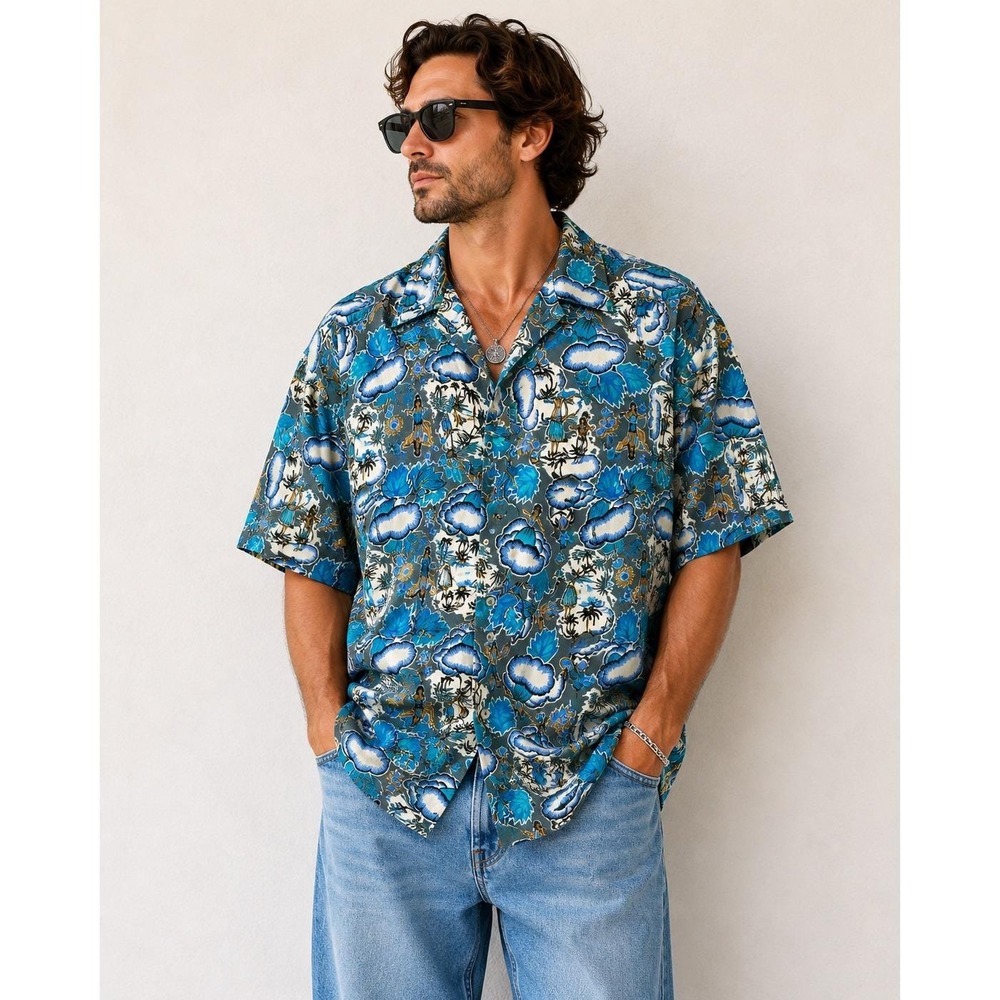 Vintage 90s The Mens Store Sears Hula Dancer Hawaiian Shirt Men XL Blue Cotton